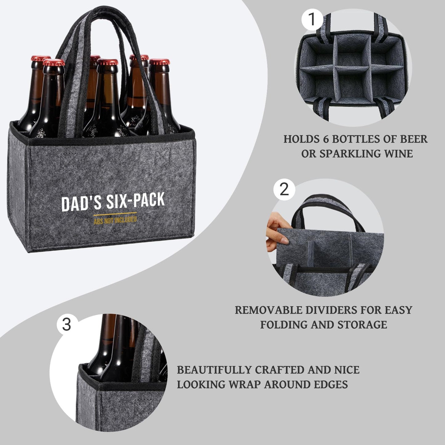 Funny Dad Gifts from Daughter Son, Dad Beer Carrier Felt Bottle Tote, Father’s Day Birthday Gift, Reusable Drink Caddy for Camping, BBQ, Picnic, and Party