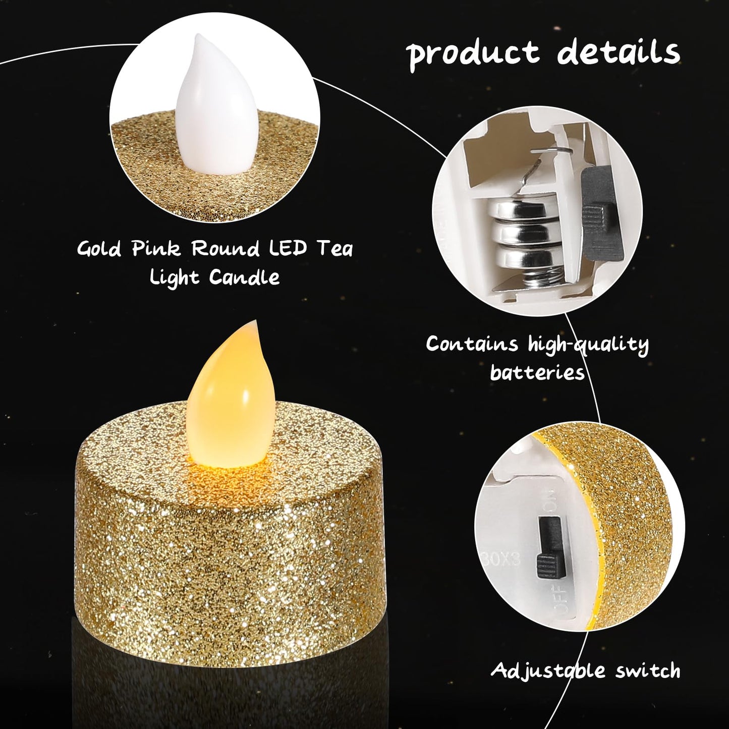 Mudder 24 Pieces Gold Tea Lights LED Candles Tealights Flameless Votive Battery Operated Tea Lights Electric Glitter Tealight for Holiday, Festival Gift, Wedding, Birthday,Home, Party Decor