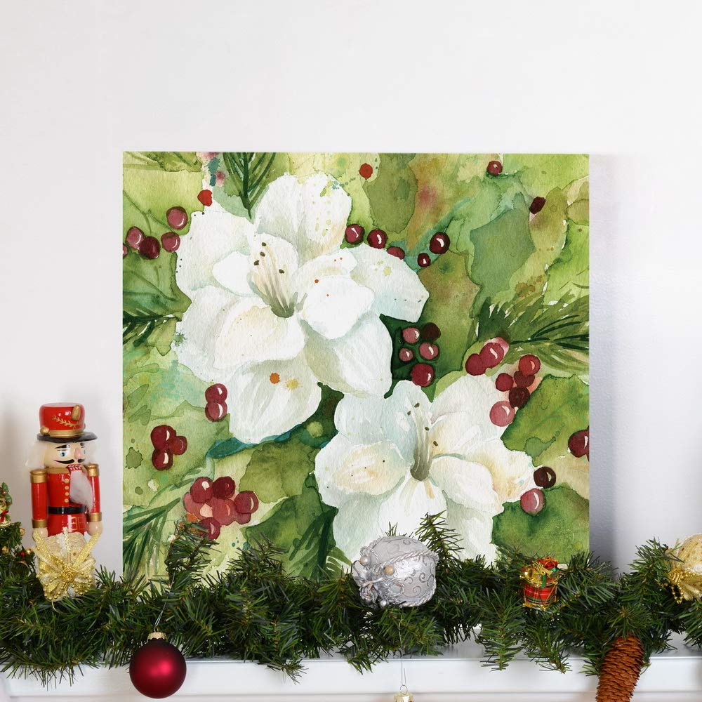 Renditions Gallery Holly Leaves Wall Art, Christmas & Winter Artwork, Festive Red & Green, Flowers, Floral, Premium Gallery Wrapped Canvas Decor, Ready to Hang, 24 in H x 24 in W, Made in America