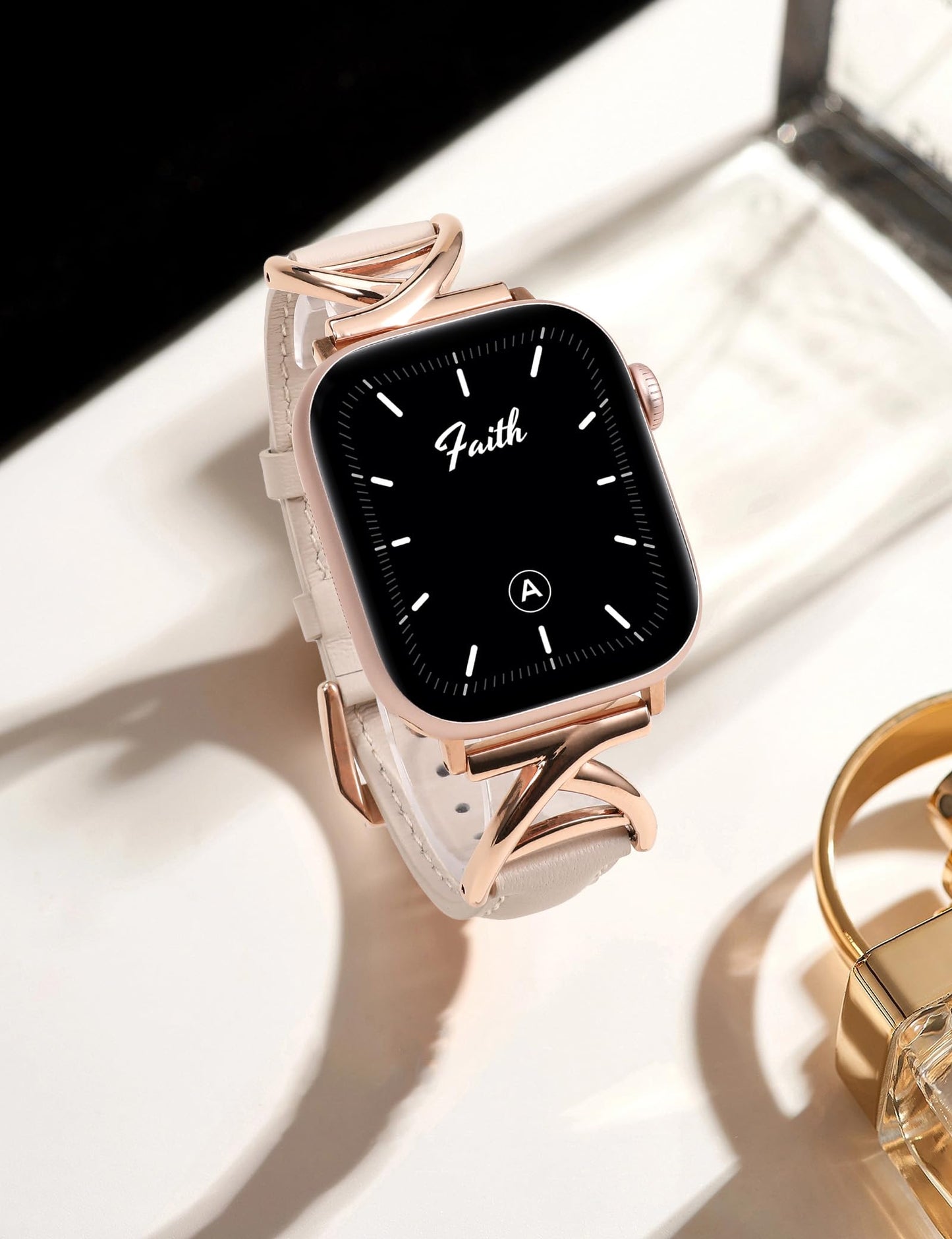 Minyee Leather Band Compatible with Apple Watch Bands 38/40/41/42mm Women,Dressy Premium Leather Strap with A-Shape Metal Buckle for iWatch Series 11 10 9 8 7 6 5 4 SE/Ultra 3 2 1,Starlight/Rose Gold