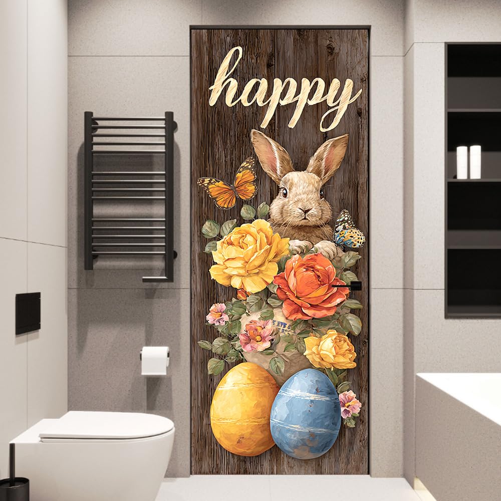WDESYADMS PVC Self Adhesive Door Sticker 30.3x78.7 Inch Easter Bunny with Flowers and Eggs Design Peel and Stick Decorative Door Decal for Bedroom Living Room Entryway Spring Home Decor