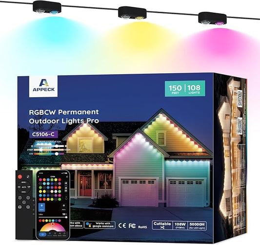 APPECK Permanent Outdoor Lights Pro 150ft, 108W RGBCW Eaves Light with 108 LED Lights, 80lm, Cuttable, 111 Scene Modes, IP67 Waterproof Lighting for Halloween Decoration, Work with Alexa, Black