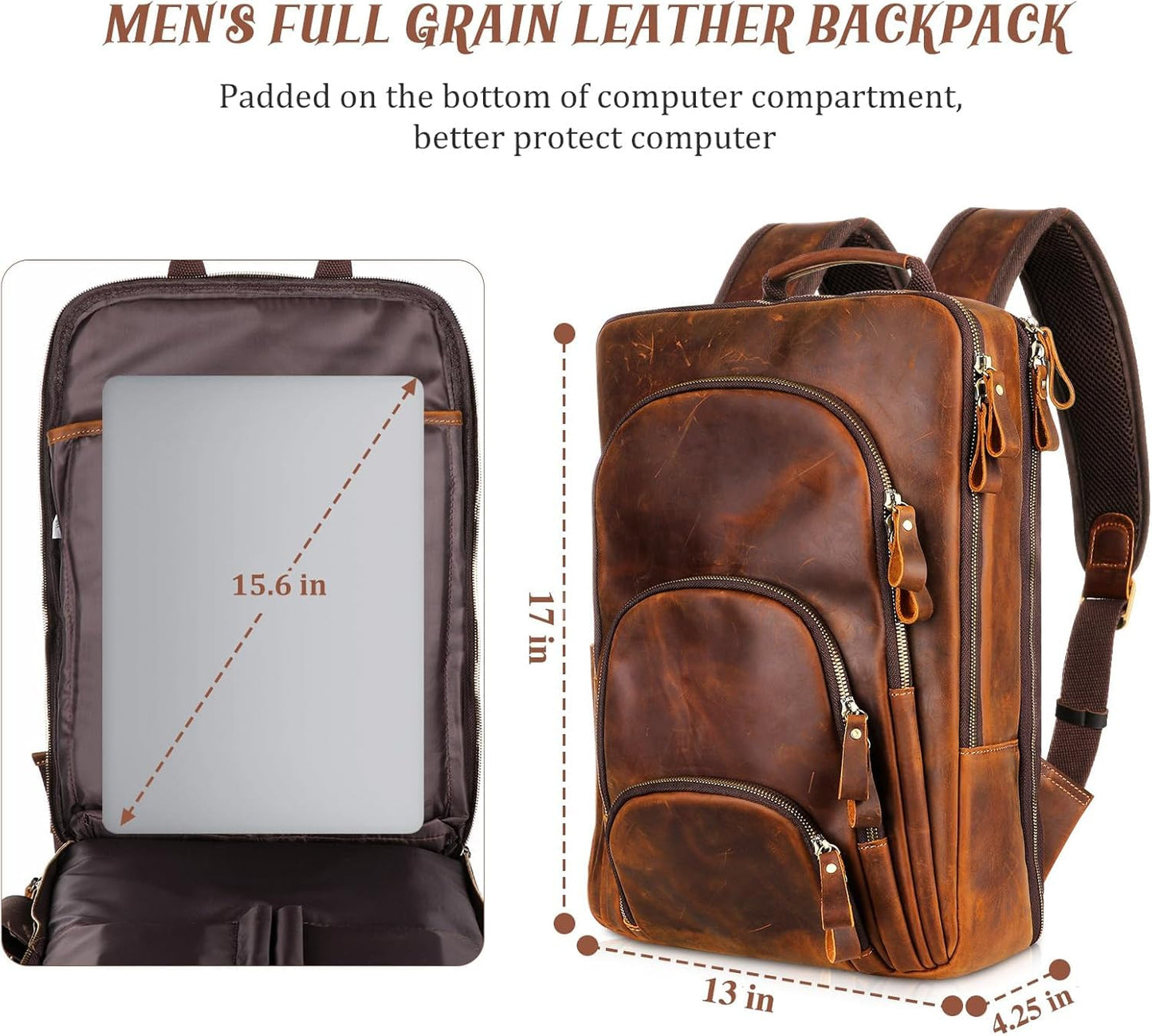 Fshsup Full Grain Leather Backpack 15.6" Laptop Bag Men's Vintage Genuine Leather Business Backpack Travel Hiking Camping Rucksack Overnight Weekender Daypack Backpack