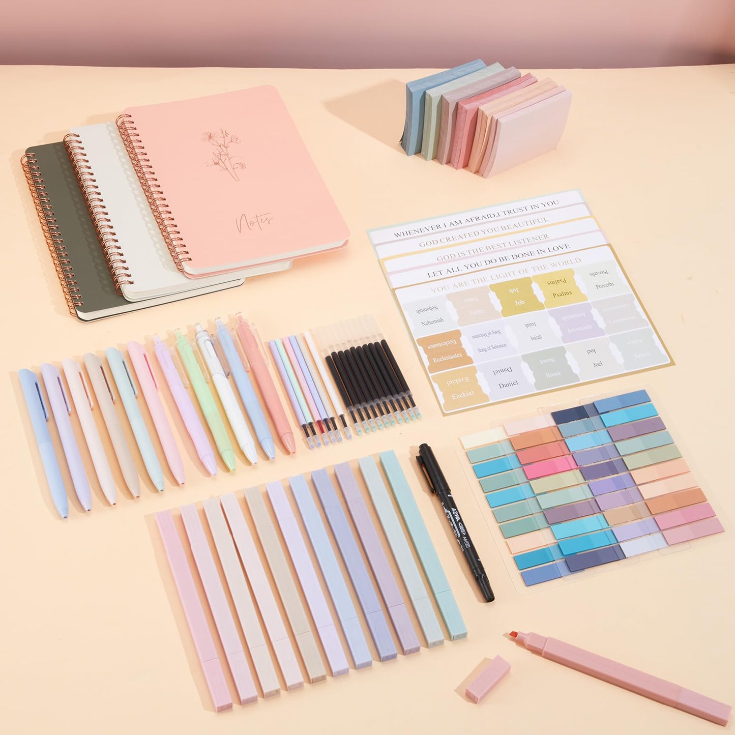 Resurhang 64pcs Bible Journaling & Note-taking Kit-includes 3pcs A5 Notebooks, Bible Tabs, Index Stickers, Sticky Notes, Gel Pens, Highlighters & Markers for Study, Worship, Sermon & Daily Planning