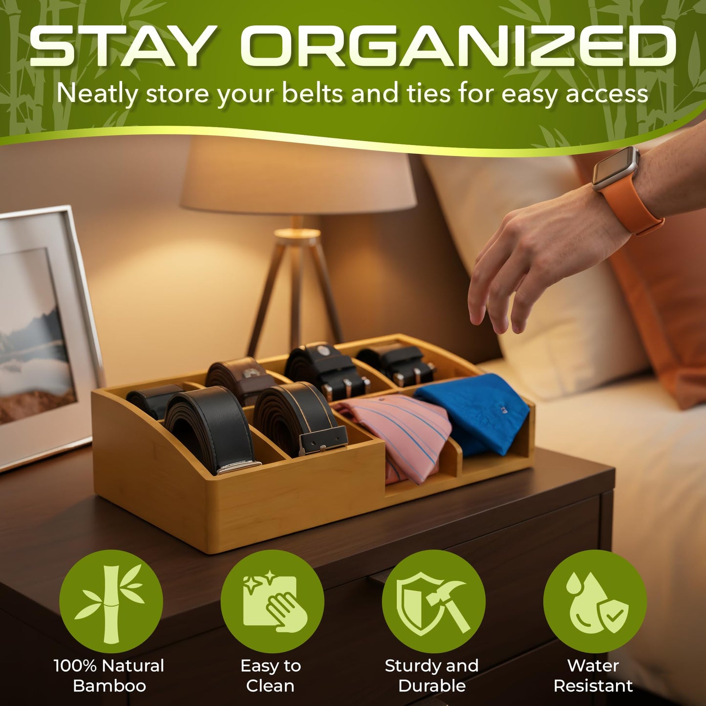 Belt Organizer for Closet and Drawer – 8 Compartments Bamboo Storage Box for Belts and Ties – Eco-Friendly Natural Bamboo