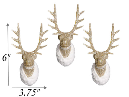 Christmas Traditions 6"(H) x 3.75"(W) Champagne Gold Glittered Reindeer Head Ornaments Hanging Tree Decorations (Champagne Gold)(Small)