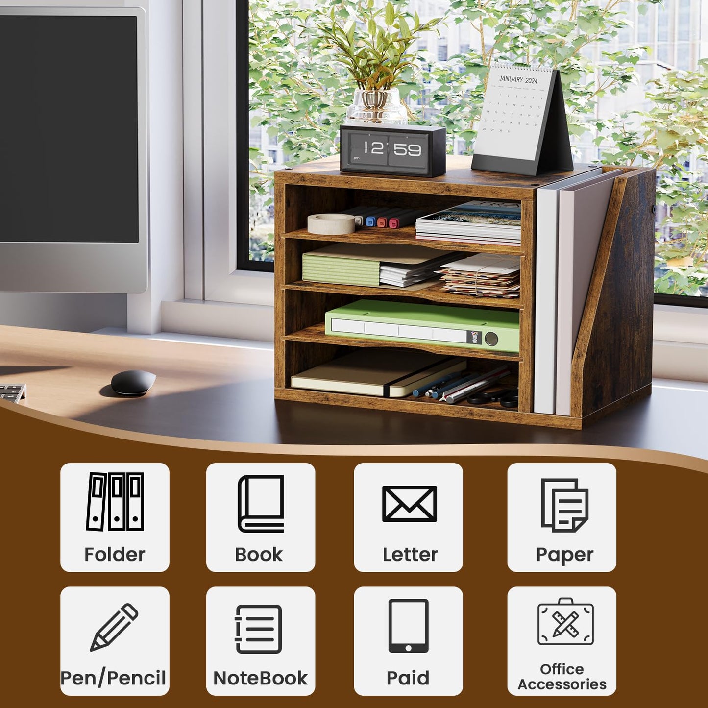 Creso hom Mail Sorter, File Organizer Desktop, Wood Desk Organizer with 3 Adjustable Shelves, Mail Holder for Office, Home, Letter Sorter File Holders for Envelopes, Supplies Magazines, Rustic Brown