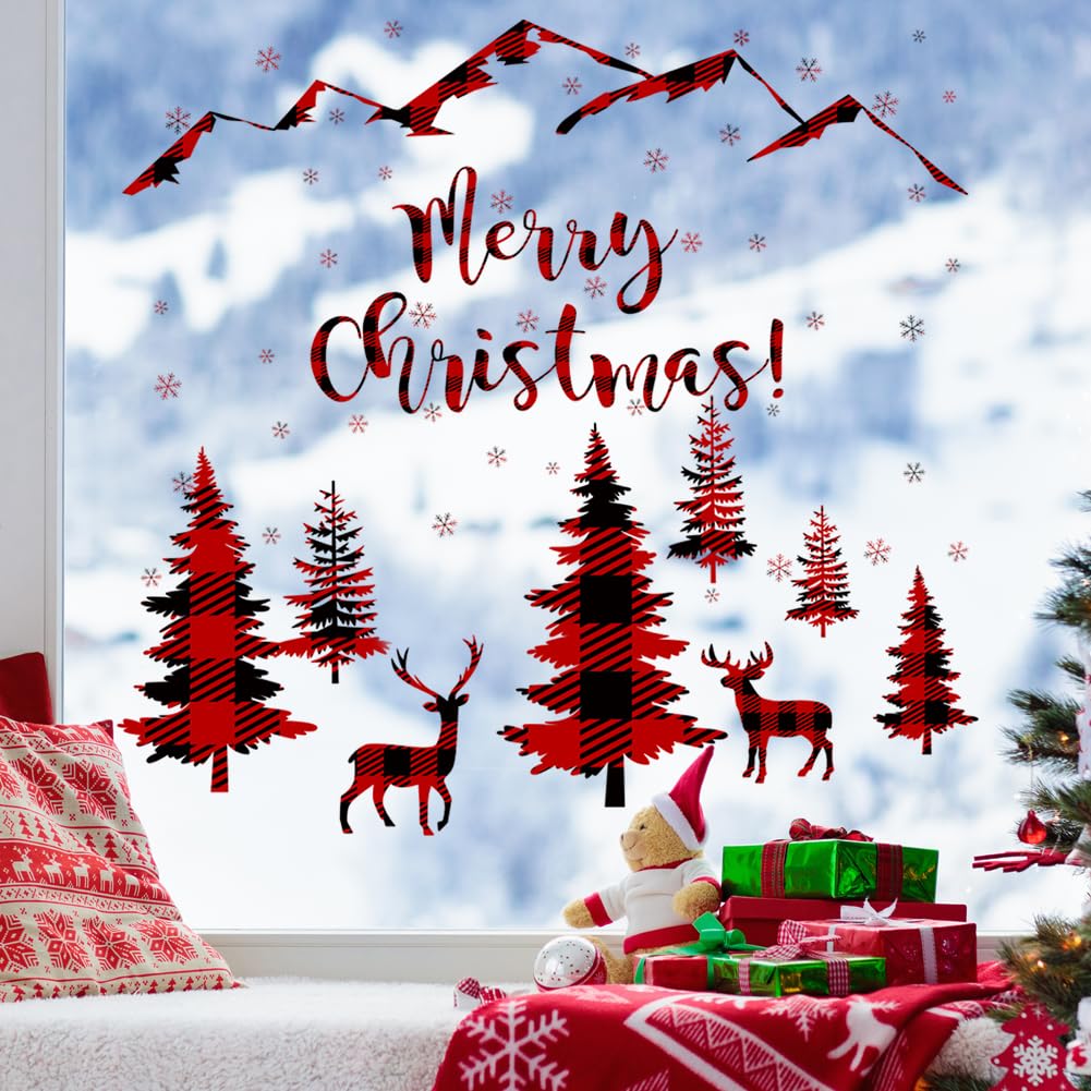 Prabahdak 3 Sheets Black Pine Tree Deer Wall Sticker Removable Snowflake Merry Christmas Wall Decal Winter Mountain Woodland Nursery Wall Stickers for Xmas Party Supplies