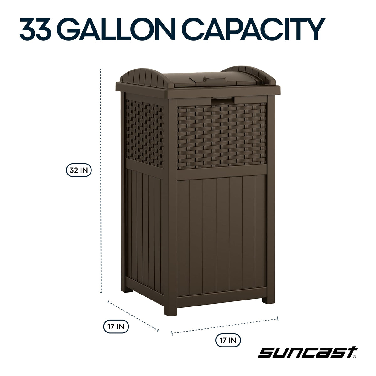Suncast 33 Gallon Commercial Outdoor Trashcan Hideaway with Lid for 30 to 33 Gallon Trash Bags for Garage, Backyard, or Garden, Brown