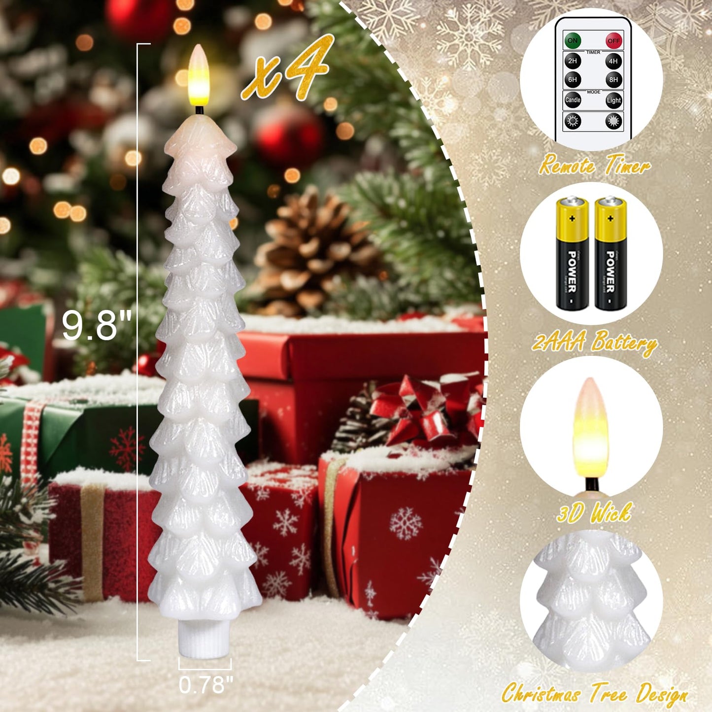 KunSwenn Christmas Tree Candles with Remote, White Christmas Tree Flameless Taper Candles Battery Operated, Real Wax Set of 4 LED Christmas Flameless Candlesticks for Xmas Winter Holiday Home Decor