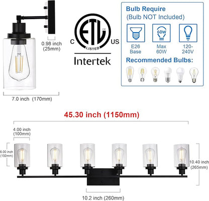 MELUCEE Black Vanity Light Fixture 6-Light Industrial Metal Wall Sconce Bathroom Lighting for Bedroom Hallway Kitchen, Clear Glass Shade Included (Patent No.: US D963914 S)