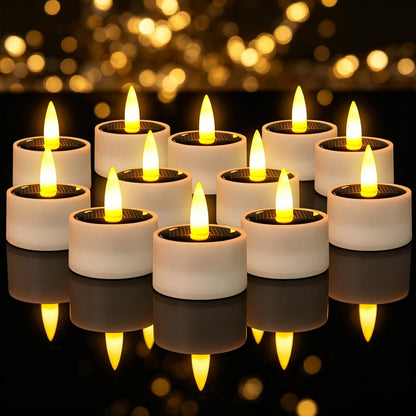 12 Pcs Solar Tea Lights Outdoor - Waterproof Rechargeable Dusk to Dawn Outdoor Lighting Flameless Flicker Reusable LED Little Solar Candles for Lanterns Camping Garden Home Decorations, 1.57''x1.77''