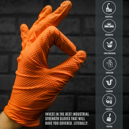 MED PRIDE Maxx Strength Nitrile Industrial 8 Mil Thick 1000 Gloves/Medium - Diamond Texture Disposable Safety- Heavy-Duty, Tear-Resistant Mechanic Automotive Food Handling Gloves- Orange