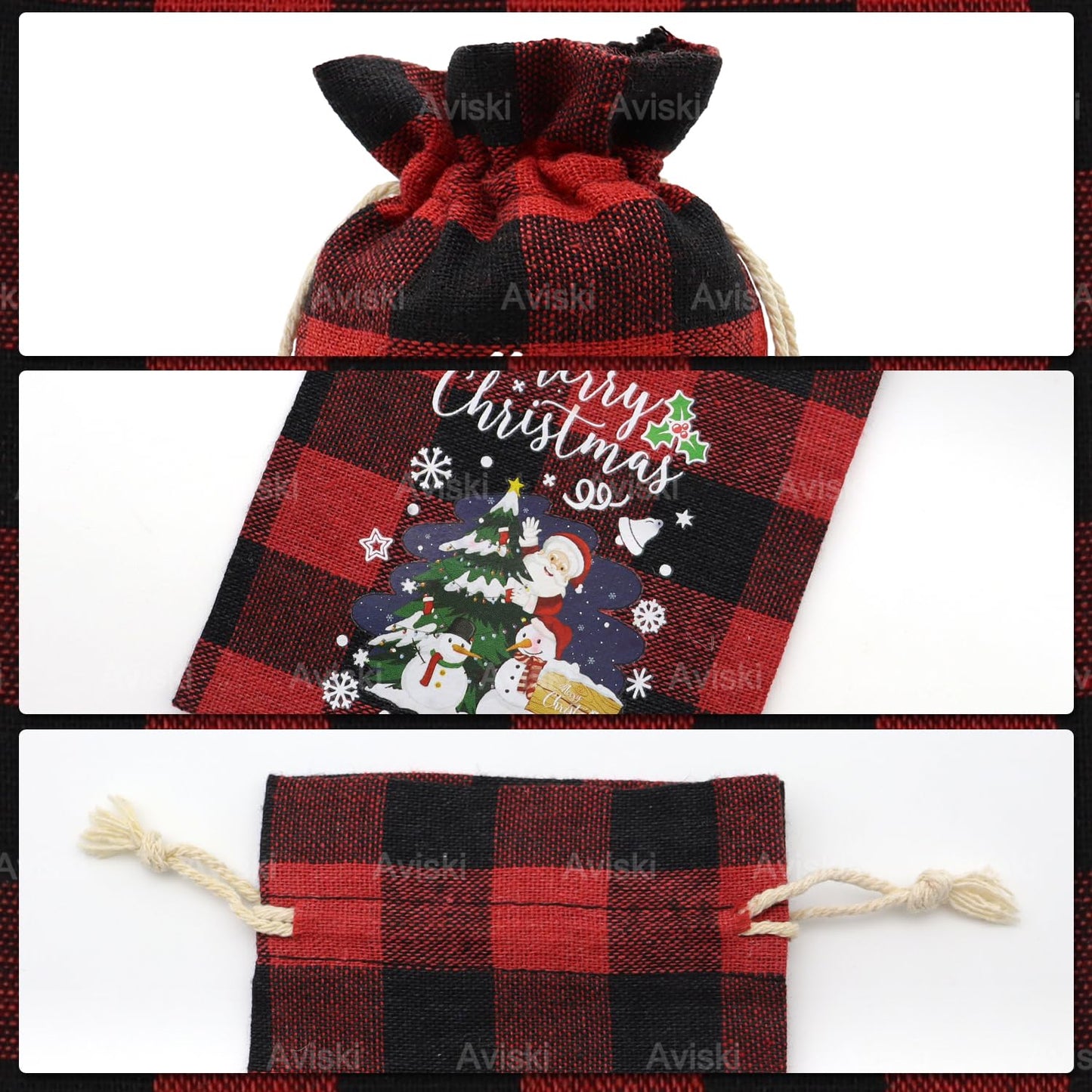 Aviski 60PCS Cotton Small Christmas Drawstring Candy Treat Bags Buffalo Plaid Xmas Xmas Christmas Fabric Goody Gift Sacks Reusable Gift Wrapping Bags Holiday Party Favors - Red/White