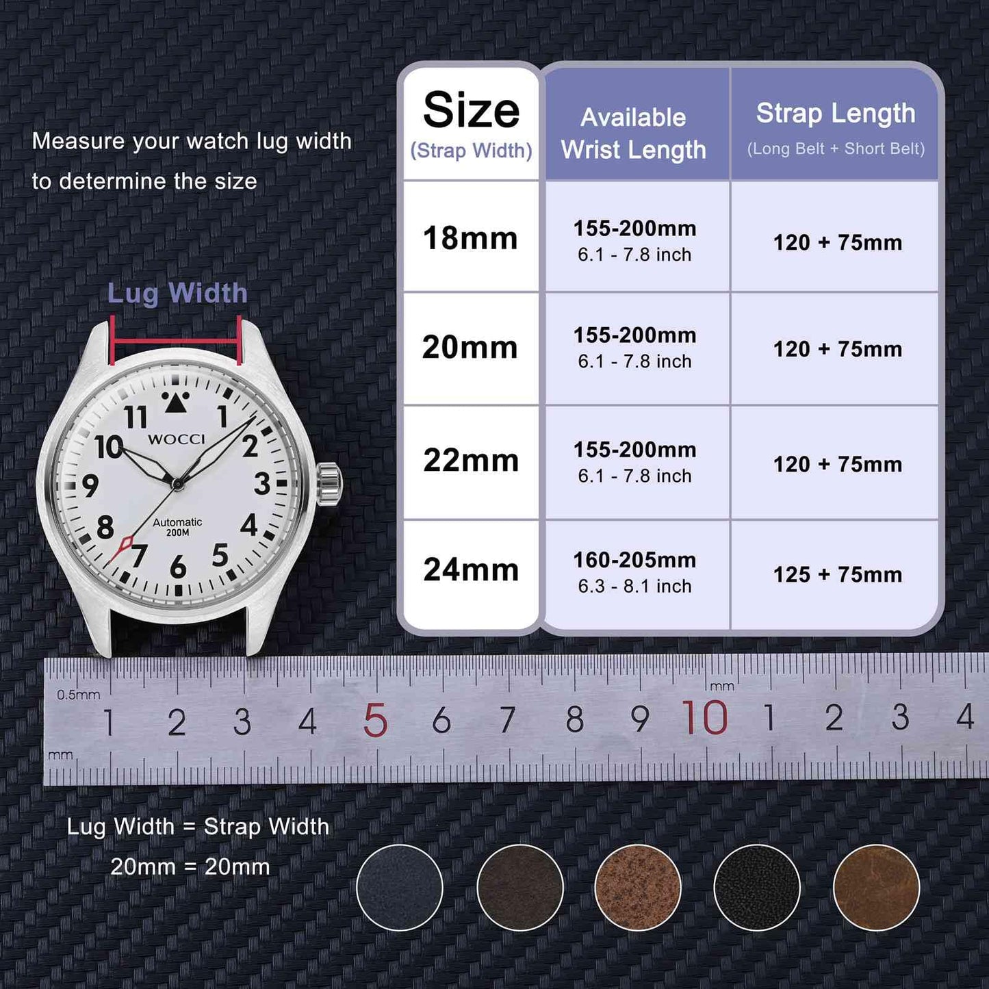 WOCCI 20mm Watch Band, Pull Up Leather, Polished Silver Buckle (Gold Brown)