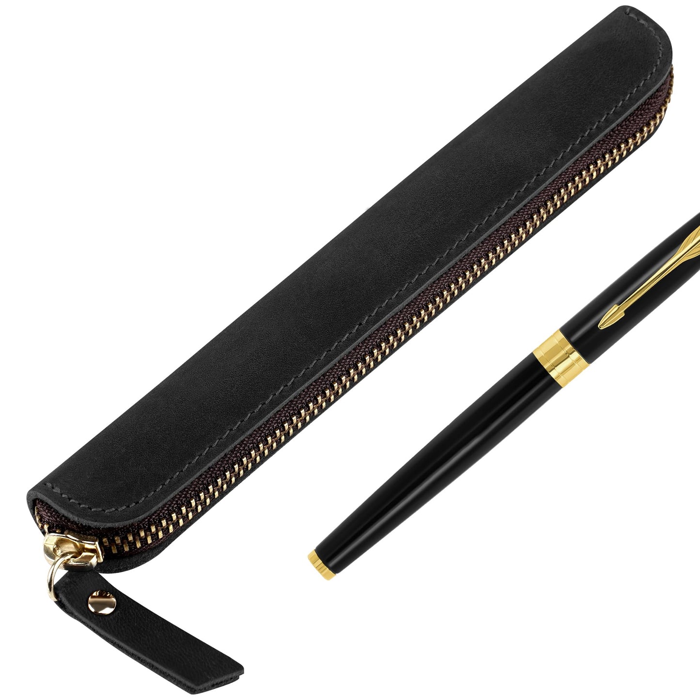 JANKINGS Crazy Horse Leather Zipper Pen Pouch Handmade, Single Pen Case Fountain Pen Sleeve Holder Pouch Cover Vintage, Mini Pencil Bag (Black)