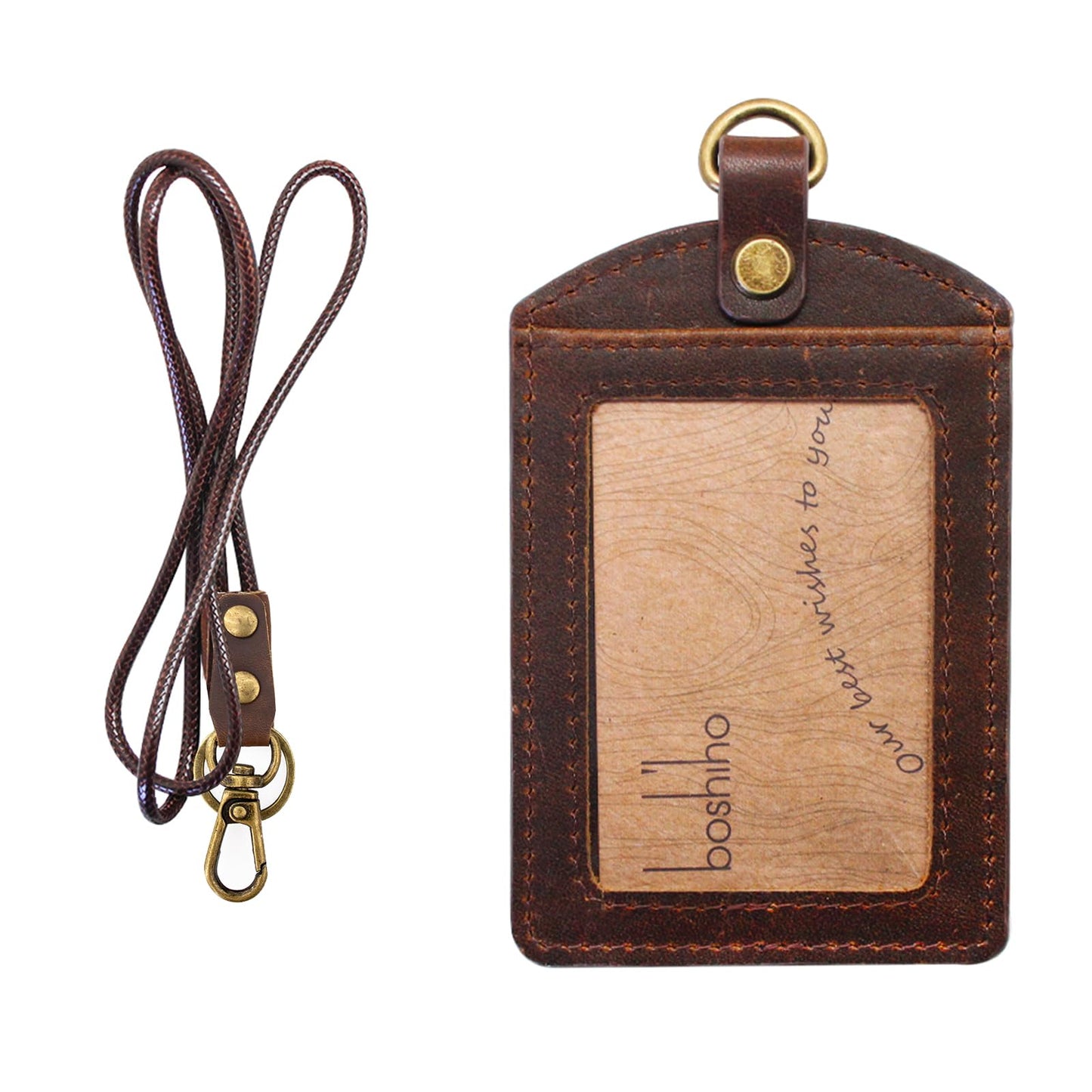 Badge Holder: Boshiho Cowhide Leather ID Badge Card Holder with 19" Neck Lanyard, Vertical Style (Dark Brown)