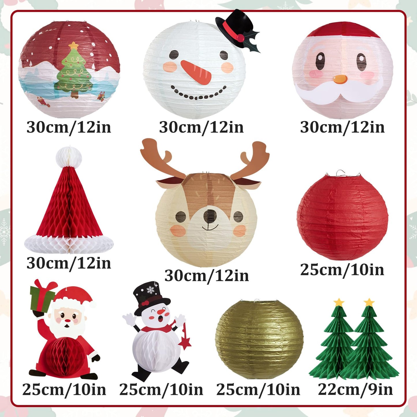 Christmas Paper Lanterns Hanging Classroom Christmas Decorations Ceiling Party Decorations Including 3D Xmas Hat, Santa Claus, Snowman Christmas Trees Honeycomb, for Xmas Holiday Home Indoor 11 PCS