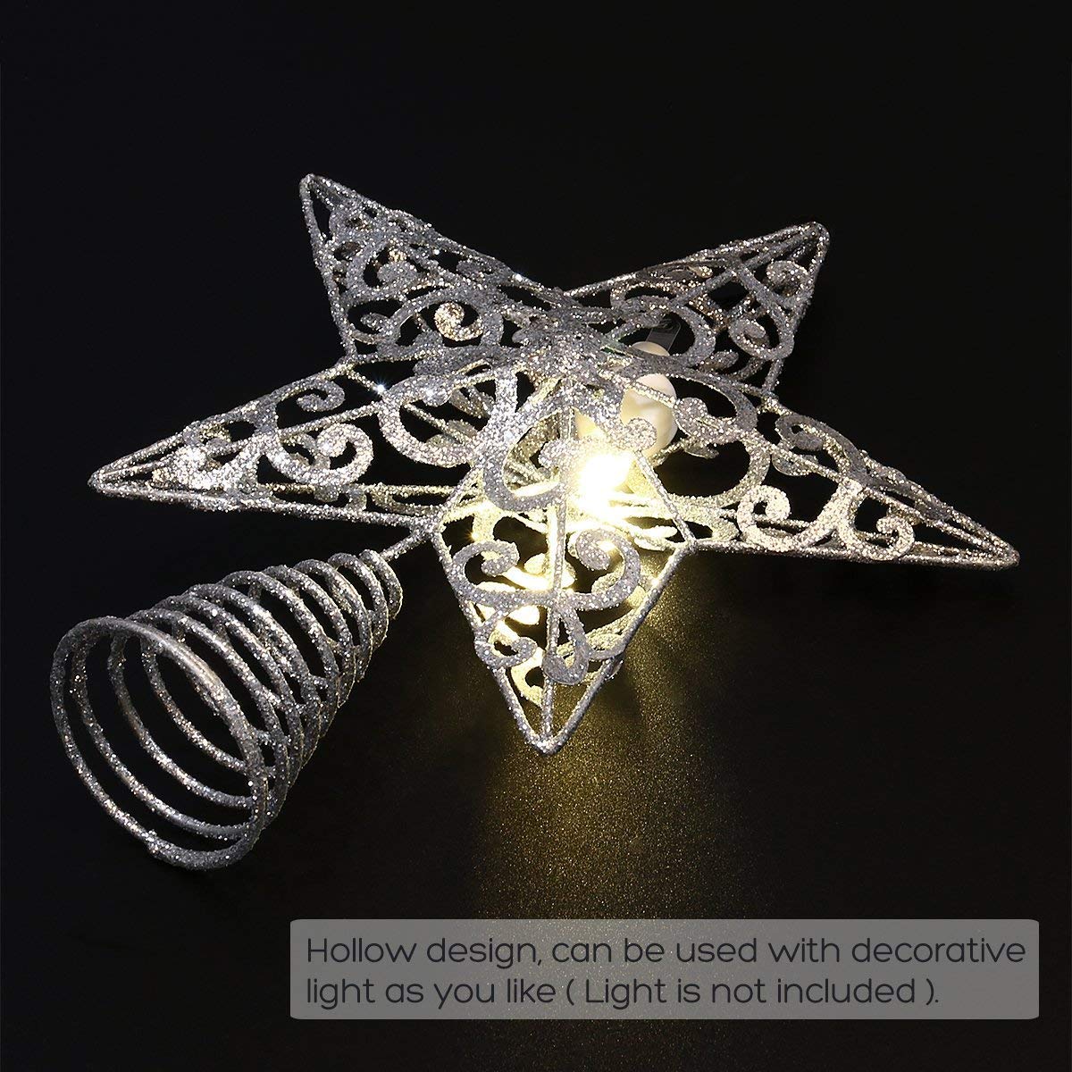 Wrought Iron Silver Star Tree Topper 9.84 Inch Christmas Tree Decoration with Hollow Design for DIY Lights
