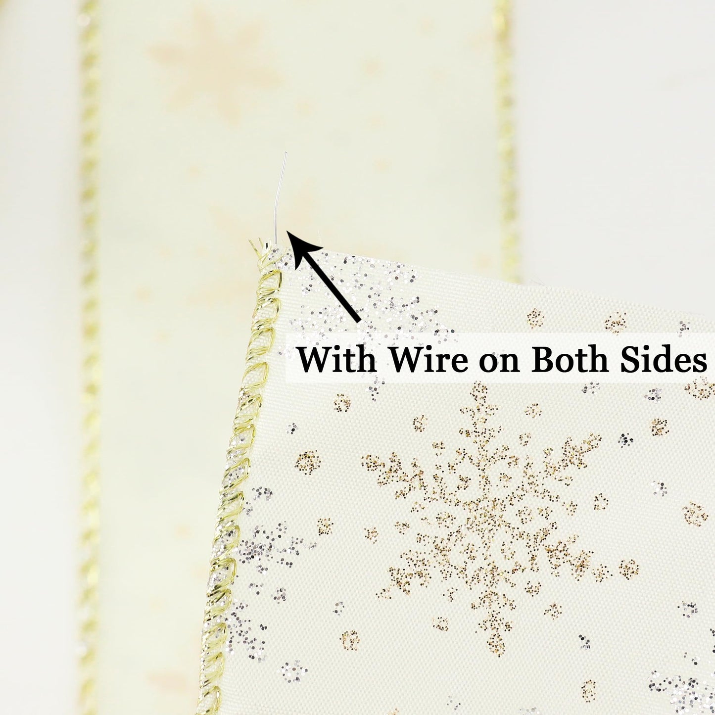 AIMUDI Ivory Snowflake Ribbon 2.5" Ivory and Gold Christmas Satin Wired Ribbon for Gift Wrapping Christmas Trees Wreaths Garlands Crafts Tree Topper Bows Home Decor- 10 Yards