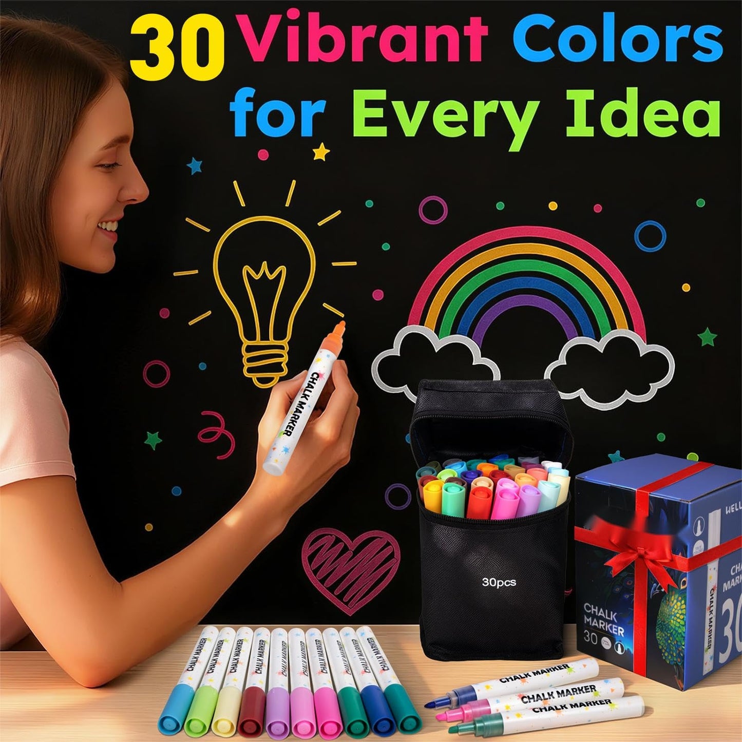 botkc Chalk Markers - 30 Washable Liquid Chalk Markers for Blackboard,Window Markers Paint Pens with Reversible Tip, Chalk Markers for Chalkboard Signs, Teachers, Windows, Glass, Calendar, Menu