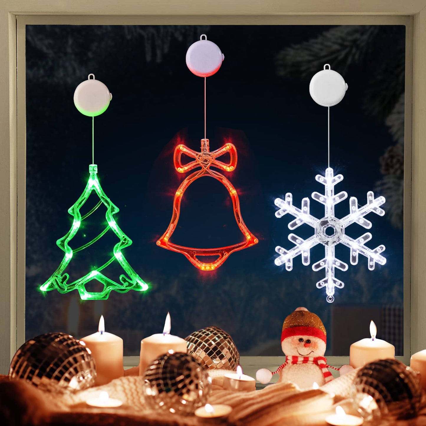 LOLStar Christmas Window Decorations,3 Pack Jingling Bell,Christmas Tree,Snowflake Christmas Window Lights with Suction Cup, Timer Function & Slow Fade Mode Battery Operated Indoor Lights