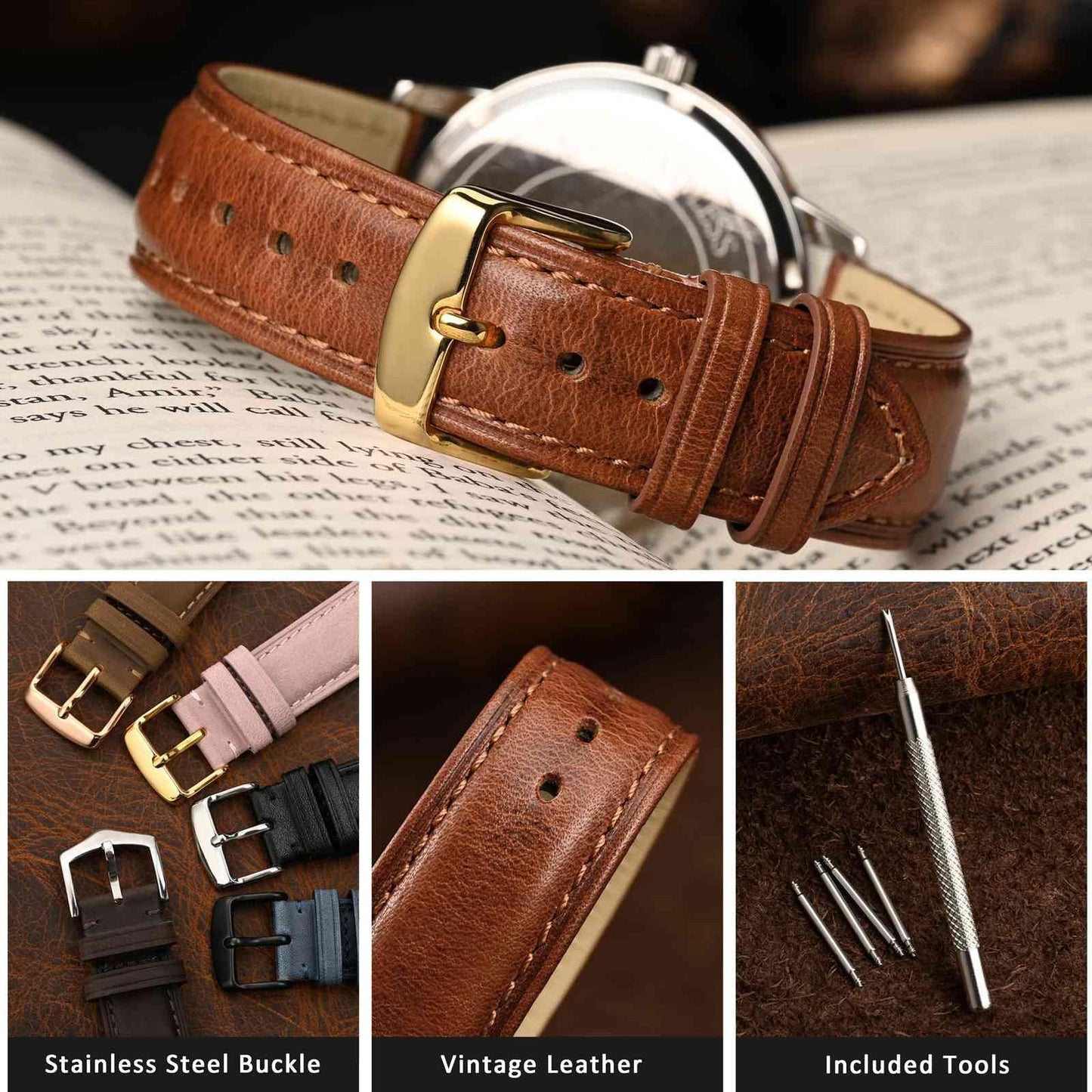WOCCI 20mm Vintage Leather Watch Band for Men and Women, Gold Buckle (Gold Brown)