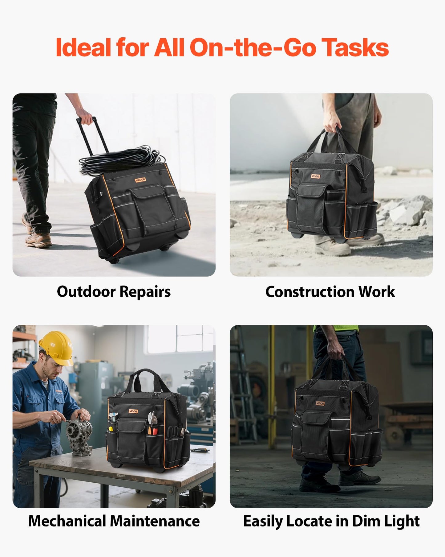 VEVOR 15" Rolling Tool Bag, 110 lbs Load Capacity, 25 Pockets Heavy Duty Roller Tool Bag on Wheels, Adjustable Telescoping Handle & Stable Base, Toolbag Organizers w/Wheels for Construction, Mechanic