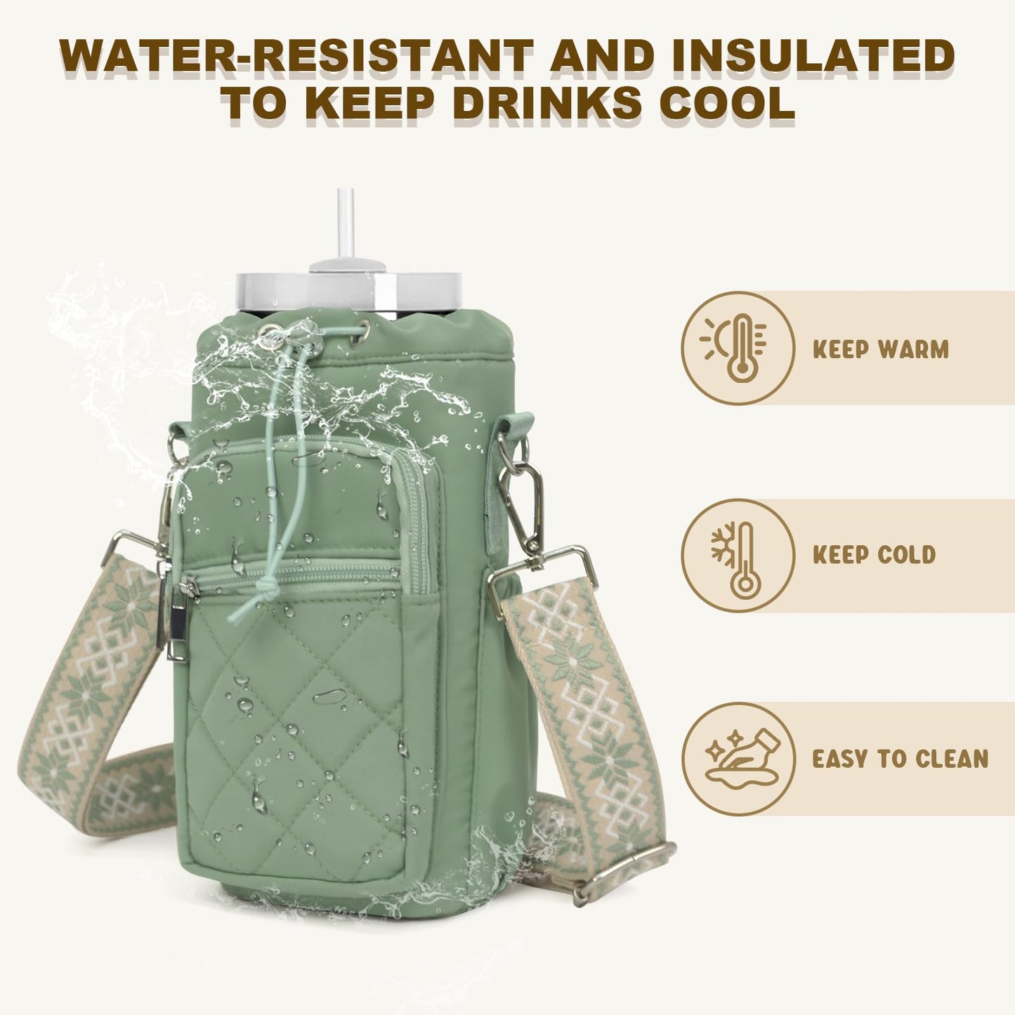 LLParty Water Bottle Holder with Strap, 32oz 40oz Insulated Water Bottle Carrier Bag, Purse Crossbody Sling Bag with Phone Pocket for Walking Hiking, Sage Green