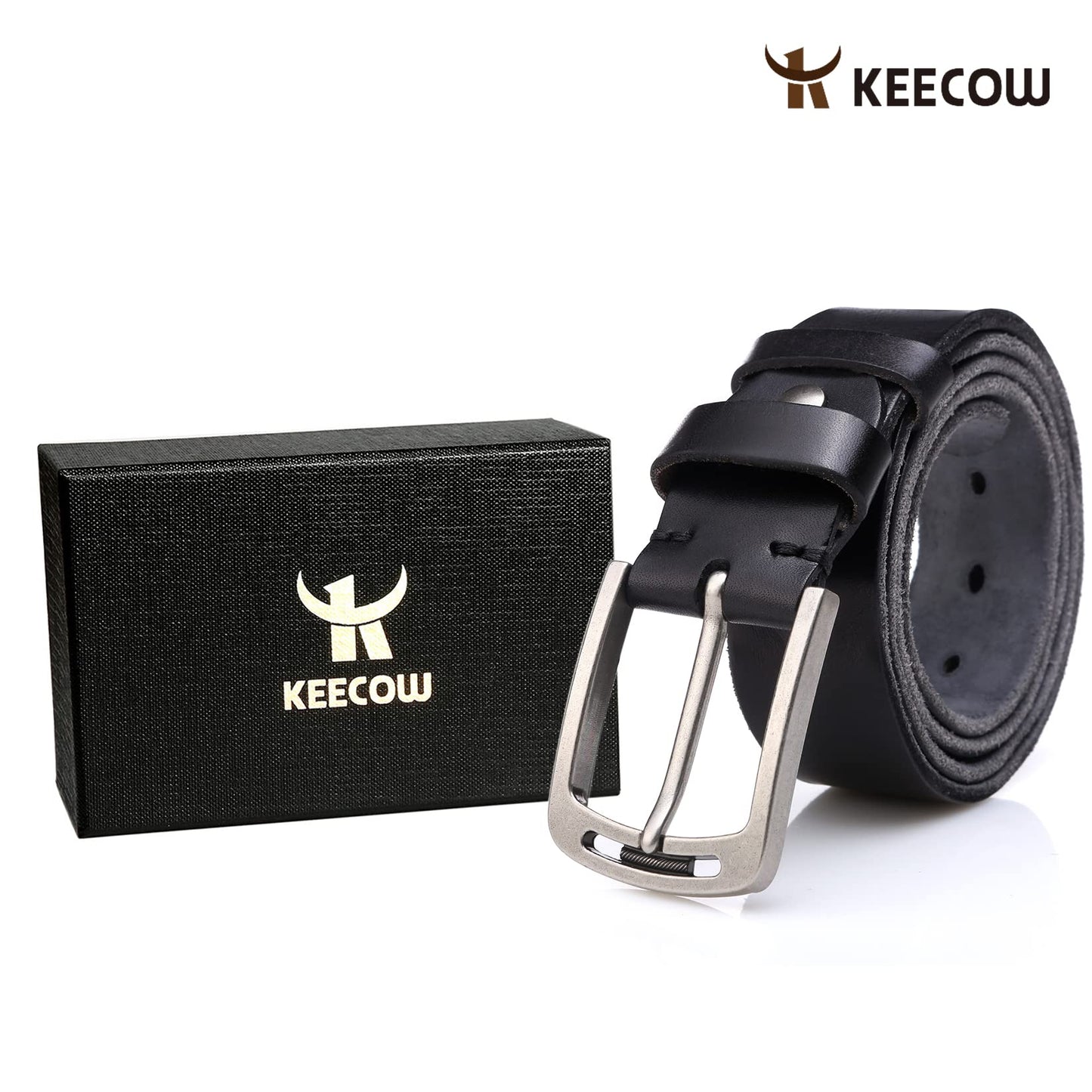 KEECOW Men's 100% Italian Cow Leather Belt Men With Anti-Scratch Buckle,Packed in a Box (Black-1001, 38-42)