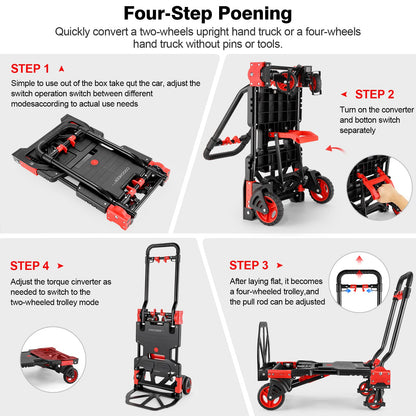 330LB Folding Hand Truck Heavy Duty Carrying, Combination of Four Wheels and Two Wheels Convertible Dolly Cart with Retractable Handle Dolly for Moving Office Carts.