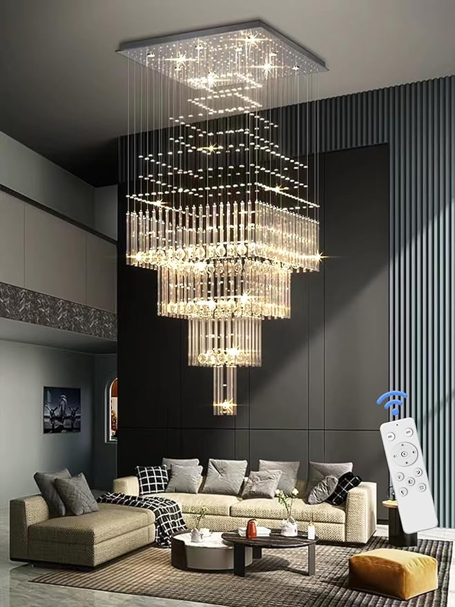 D32''X H110'' High Ceiling Chandelier Crystal Raindrop Chandeliers Staircase Large Chandelier Villa Entrance Foyer Hanging Light High Ceiling Pendant Light Fixture with LED Dimmable
