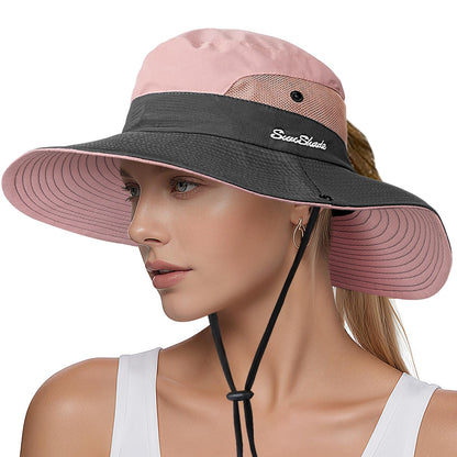 Sun Hats for Women, Wide Brim Beach Bucket Hats with Ponytail Hole, Outdoor UV Protection Foldable Fishing Hat Cooling Mesh Hiking Bucket Hat, Pink