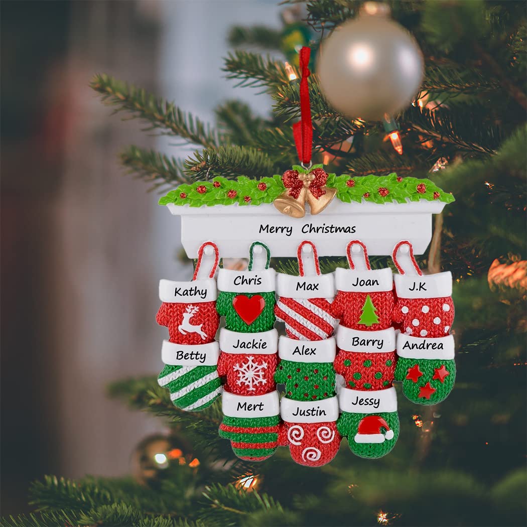 MAXORA Personalized Large Family Christmas Mitten Ornament 2026 - Mantel Gloves Family of 13 Christmas Tree Decor, Red Green Mittens Gift for Grandchildren, Siblings and Grandparents