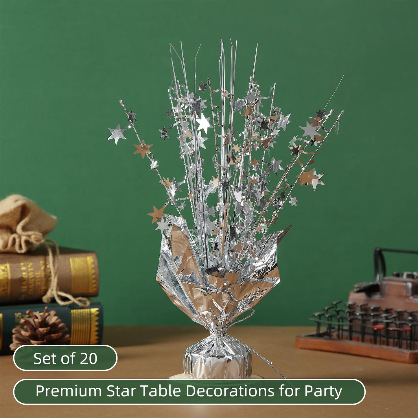 Ohiyoo 20 Pack Silver Foil Spray Centerpiece Star Table Decoration Metallic Burst Table Centerpieces for Birthday New Year Wedding Anniversary Graduation Party Supply (Silver)