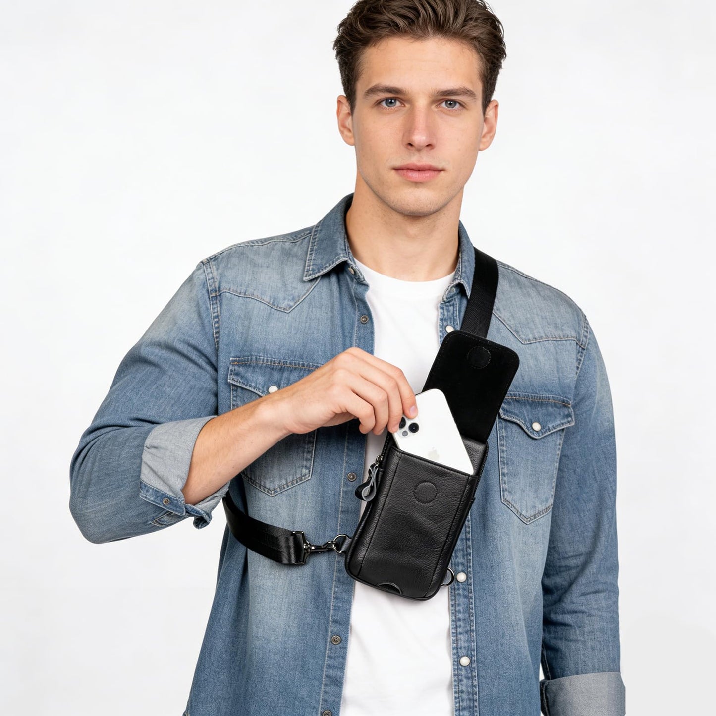 Ariscobull - Small Crossbody Bag for Men Women - Genuine Leather Mini Sling Bag with Charging Port - Travel Hiking Phone Daypack Cross Body Shoulder Bags (Black)