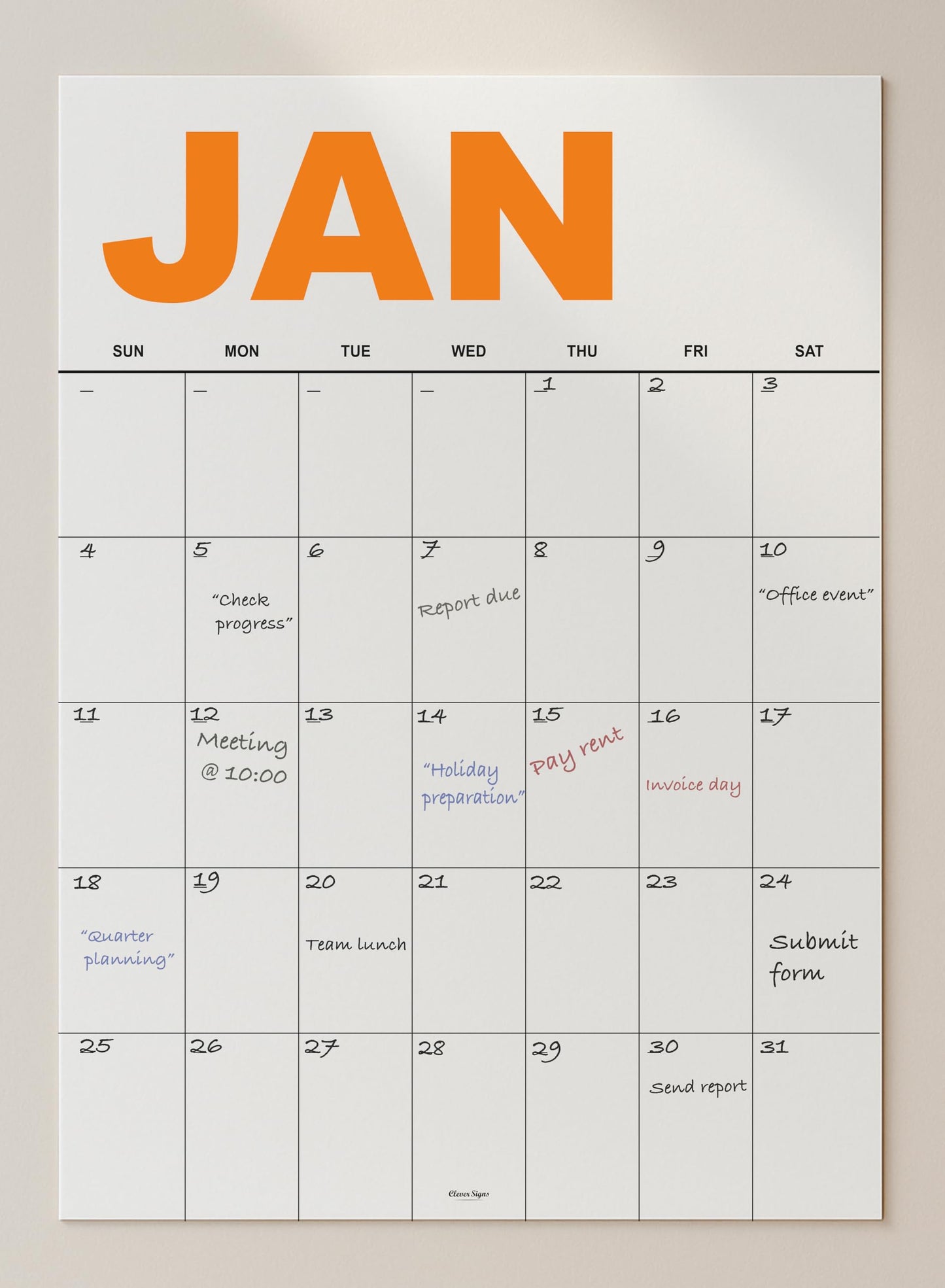 Dry Erase Undated Wall Calendar – 12 Color-Coded Monthly Prints, A3 Size (11.7 × 16.5 inches), Premium 400 gsm (14 pt) Thick Bristol Paper, Large 1.7 × 2.5 in Daily Writing Boxes, Glossy Reusable Surface, Flat-Packed, European-Quality Print