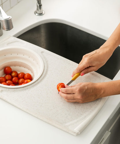 Dexas Over the Sink Poly Cutting Board with Collapsible Colander Strainer, 11.5 x 20", Natural/Gray