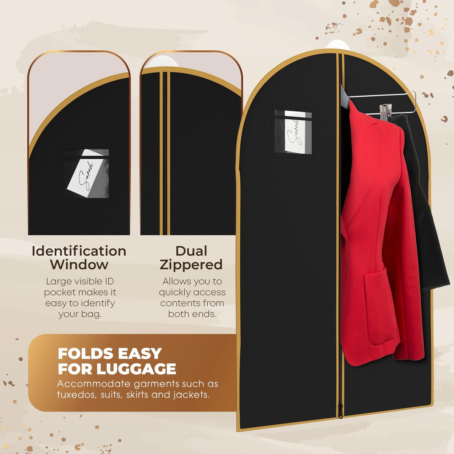 Your Bags Travel Garment Bag – Zippered Single Suit Bag – Water-Resistant Clothes Cover - Hanging Garment Bags for Travel with ID Pocket – 40" x 24" - Black With Gold Trim (Pack of 3)