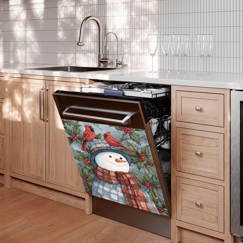 Snowman Dishwasher Magnet Cover - Holiday Kitchen Christmas Decorative, Cardinal Birds Magnetic Dishwasher Cover, Xmas Wreath Decal Dishwasher Magnetic Sticker, 23"x26"