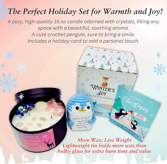 Moira's Bazaar Winter's Joy Gift Set –16 Oz 50 Hr Scented Candle with Crystals & a Crochet Positive Penguin | Christmas, Holiday, or Motivational Gift, Artisanal Luxury Fragrances (Lavender Dreams)