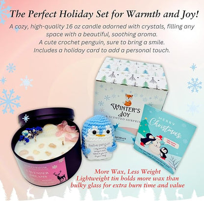 Moira's Bazaar Winter's Joy Gift Set –16 Oz 50 Hr Scented Candle with Crystals & a Crochet Positive Penguin | Christmas, Holiday, or Motivational Gift, Artisanal Luxury Fragrances (Lavender Dreams)