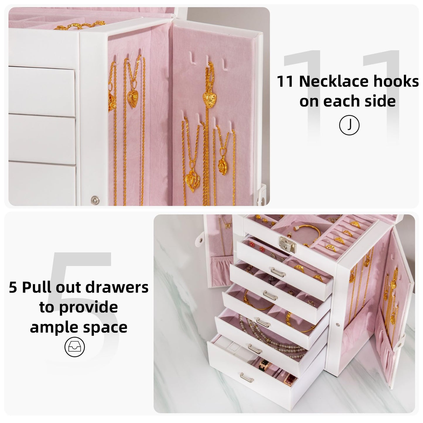 FEIYAN Large Jewelry Box,5-Tier PU Leather Jewelry Organizer with Lock,Multi-functional Storage Case with Mirror,Jewelry Organizer for Bracelets, Earrings, Rings, Necklaces, Mothers Day (CREAM)