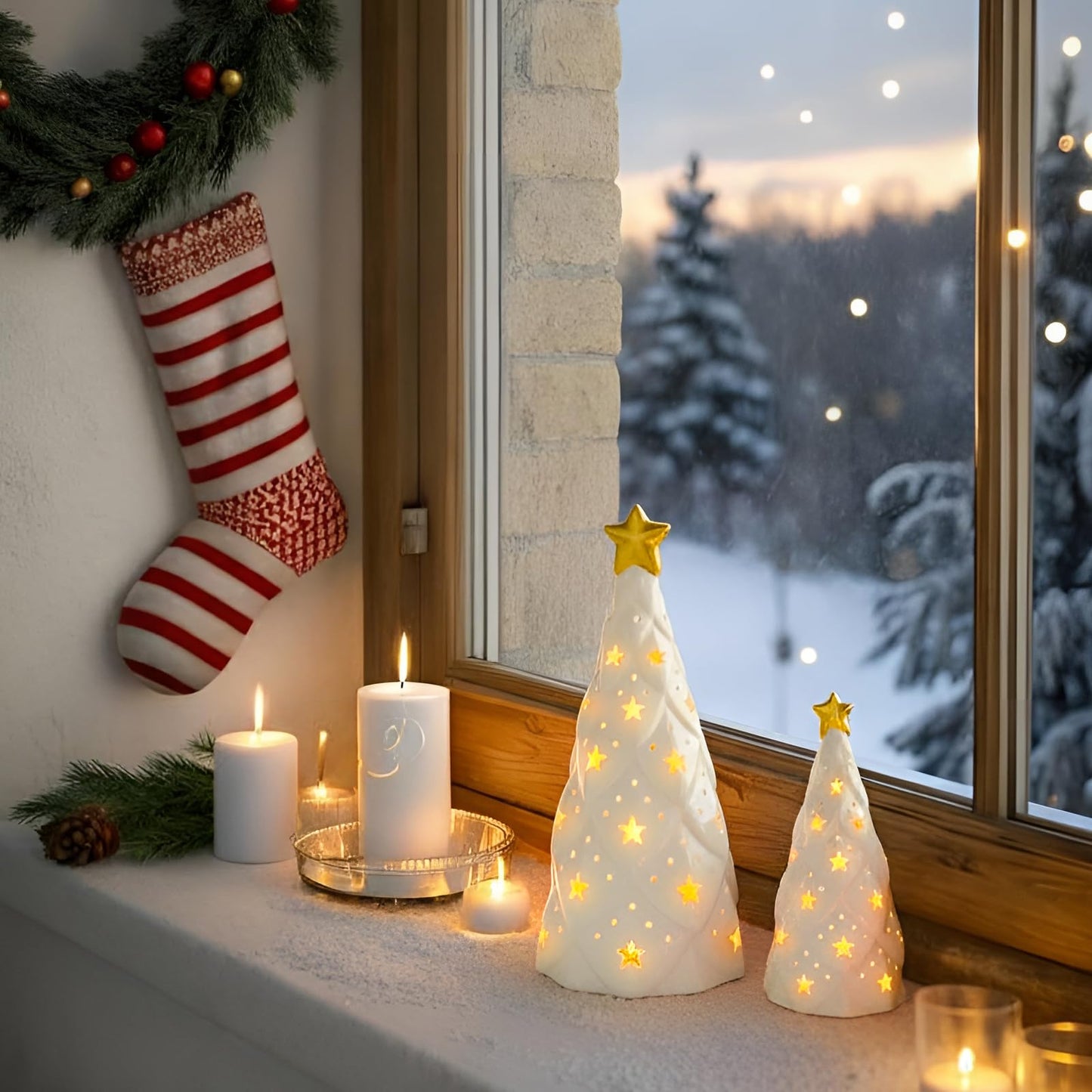 DN DECONATION Ceramic Christmas Trees Light Up White, 2Pcs Christmas Tree Lighted, Xmas Small Tree with Lights, Christmas Tree Figurines for Tabletop Fireplace Home Centerpieces Decoration