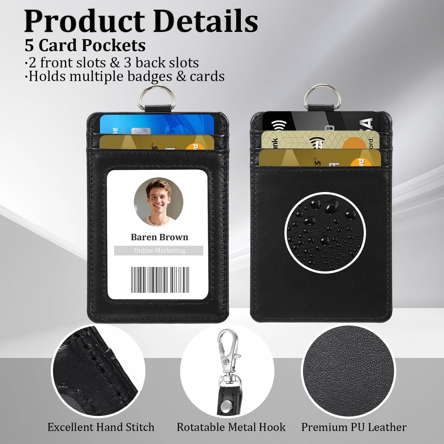 Lerheedi 8 Pack Graduation PU Leather ID Badge Holder, with 1 Clear Window, 5 Credit Card Slots and Lanyard Strap(Black)