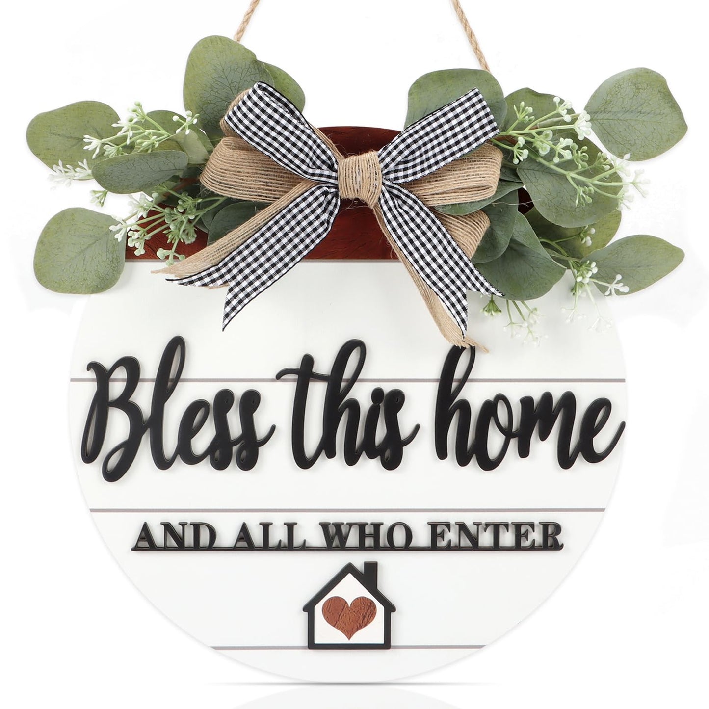 TOARTi 3D Bless This Home Wooden Door Sign Hanging, Welcome Porch Wall Sign with Bow-Knot Wreath, Bless This Home and Who Enter Sign Housewarming Gift for Kitchen/Entryway/Porch/Front Door