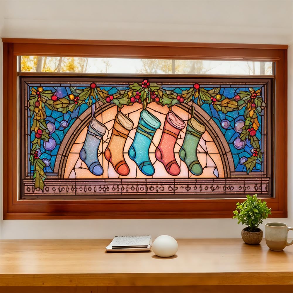 WDESYADMS Window Privacy Film 39x17 Inch Christmas Stockings Stained Glass Design Peel and Stick Static Cling Decorative Window Film for Holiday Living Room Bedroom Glass Door