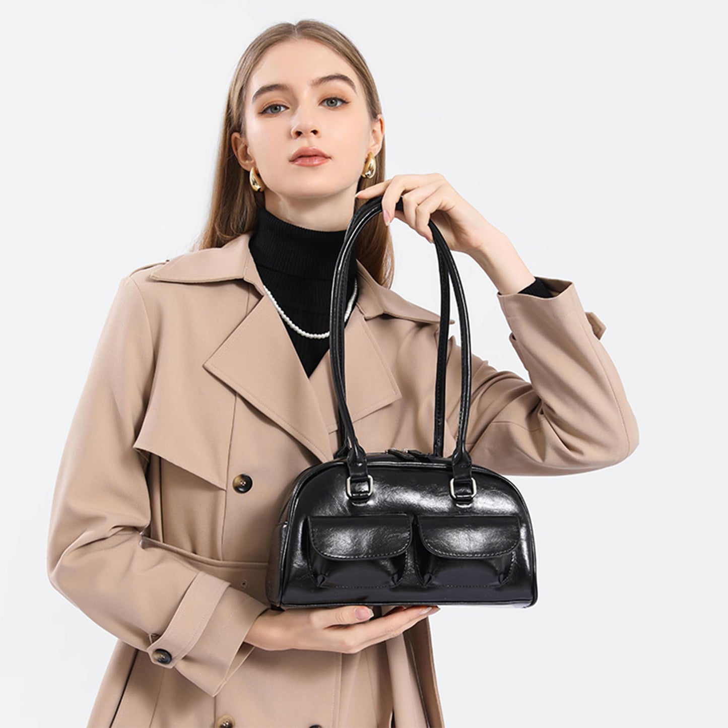 Fozehlad Y2K Shoulder Bag for Women Retro PU Leather Tote Handbag Multi-Pocket Hobo Bag with Zipper for Gifts