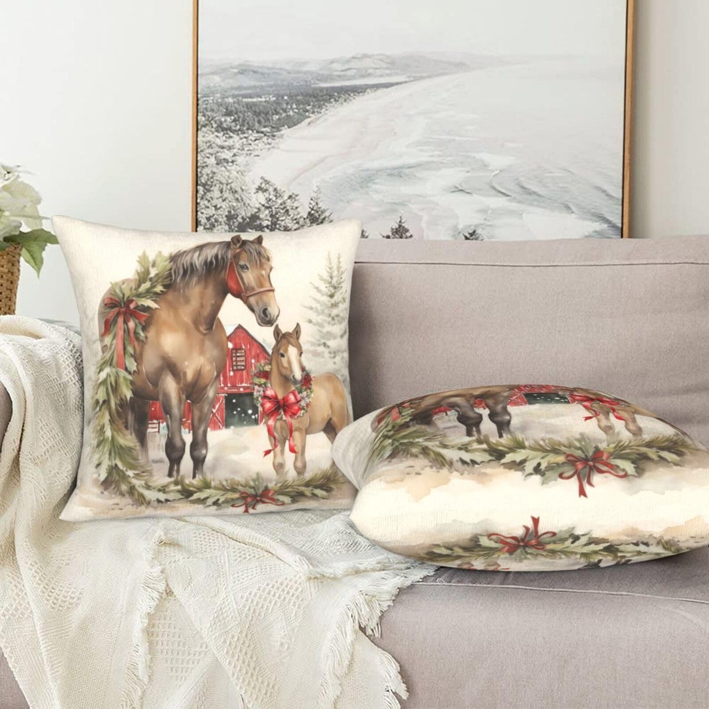aipoase Christmas Tree Horse Throw Pillow Covers 18 X 18 Inch Set of 2 Pillow Cases Decoration Cushion Cover for Sofa Bedroom Living Room Outdoor (Christmas Tree Horse, 18"x18")
