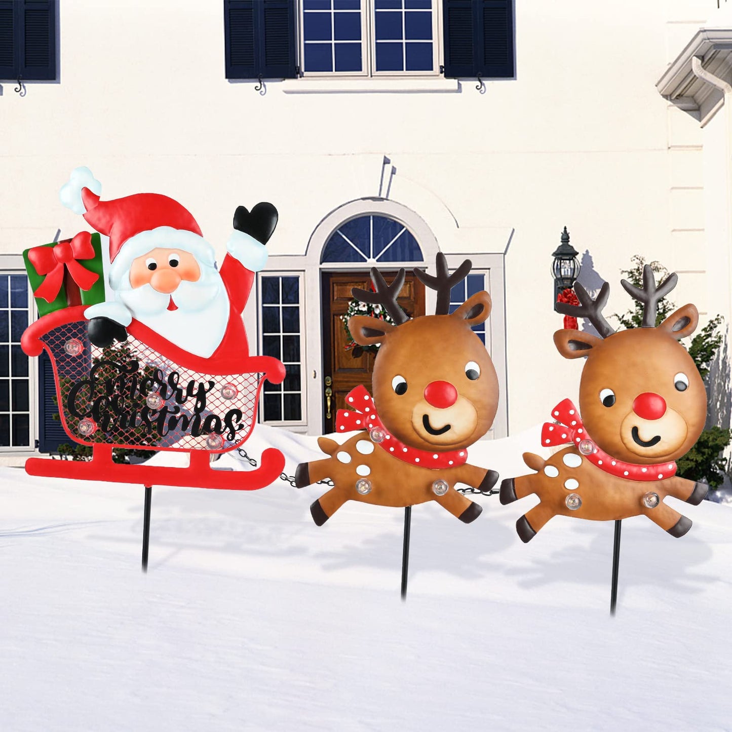 3 Pieces Christmas Decorations Outdoor Yard Sign with LED Lights Sled Lawn Sign Santa Reindeer Yard Sign with 3 Yard Stakes for Outdoor Christmas Decoration